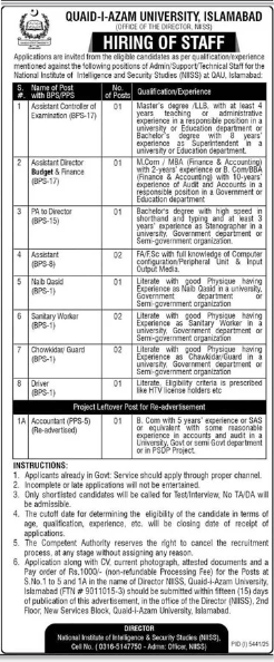 Quaid – e –azam university Jobs 2026