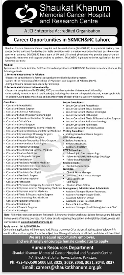 Shaukat khanum memorial cancer hospital and research hospital Jobs 2026