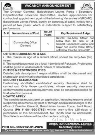 The director general Balochistan ,leveis force Jobs 2026