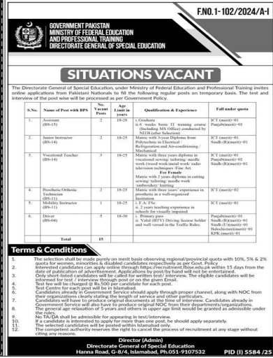 The directorate general of special education ,under ministry of federal education  jobs 2026