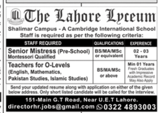 The Lahore lyceum  Jobs 2026