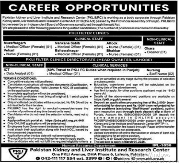 Pakistan kidney and liver institute and research center Jobs 2026