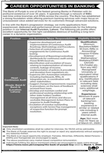 The bank of Punjab  jobs 2026