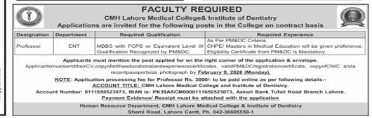 CMH Lahore medical colleges institute of dentistry jobs 2026