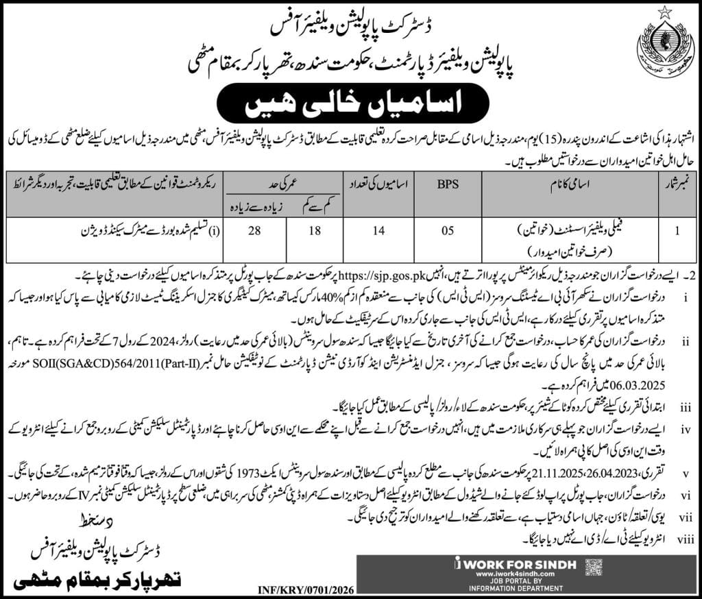District population welfare officer jobs 2026