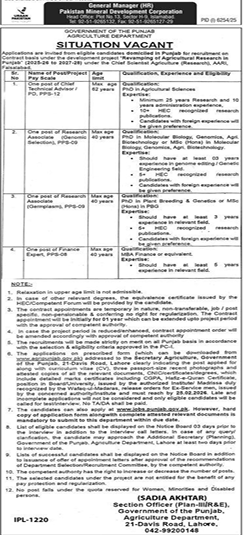 Government of the Punjab agriculture department jobs 2026