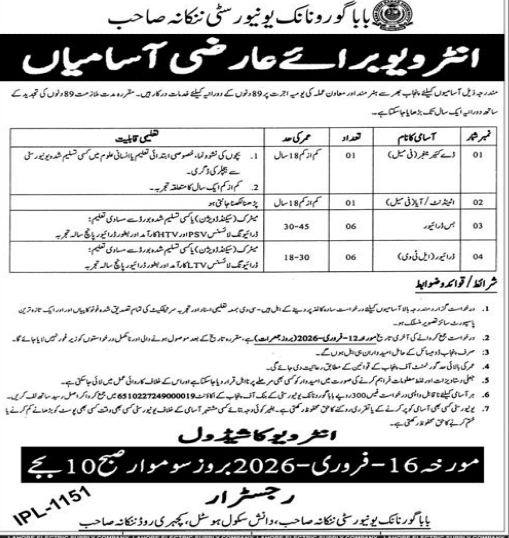 BABA gurunanak university jobs 2026