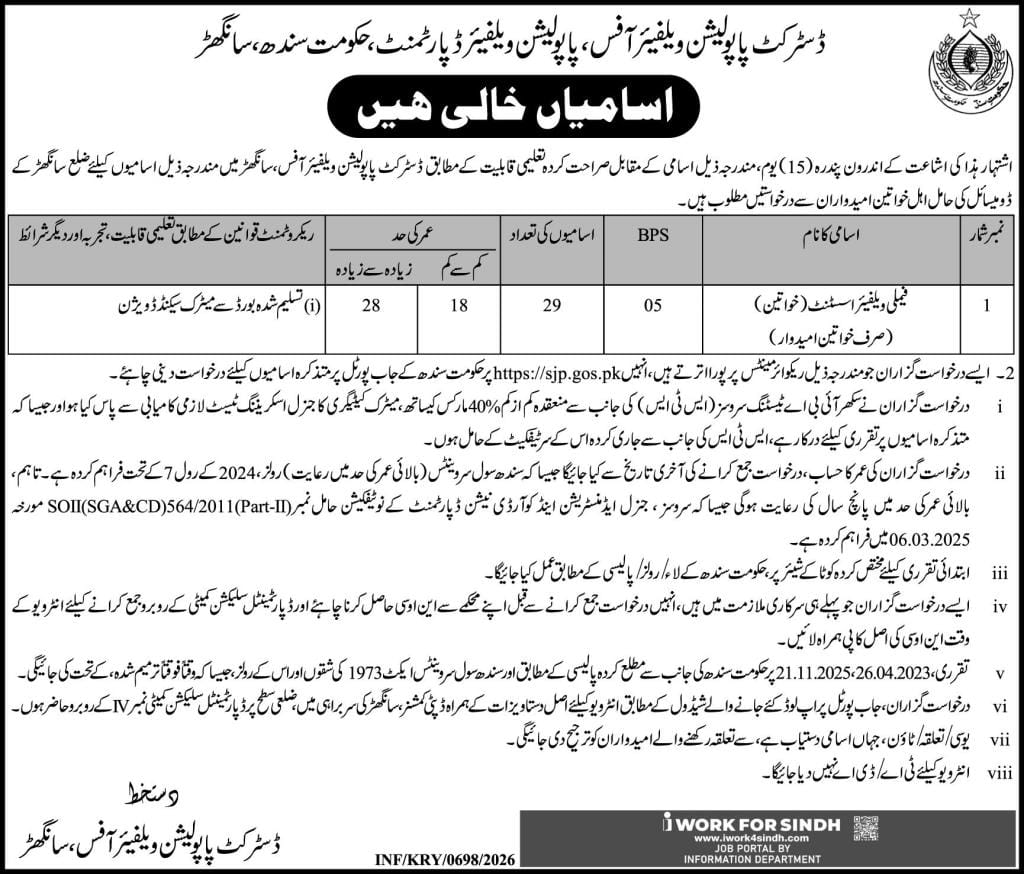 District population welfare officer jobs 2026