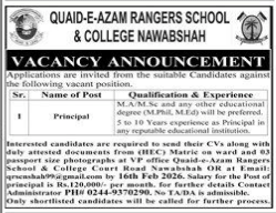 Quaid –e – azam rangers school and college nawabshah Jobs 2026