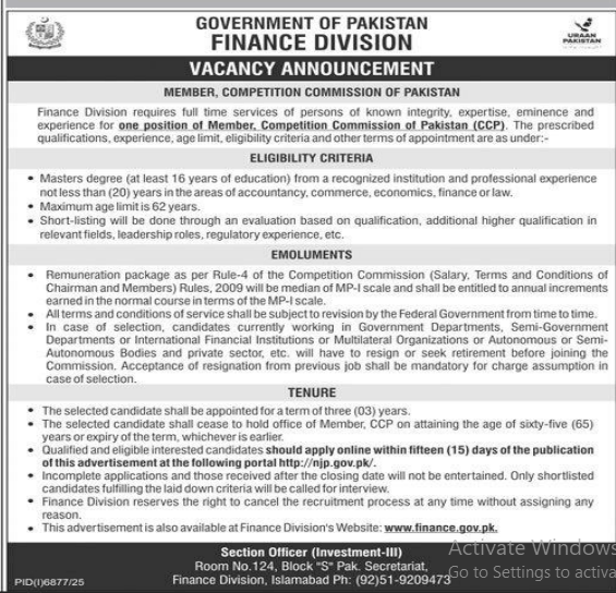 Government of Pakistan finance division jobs 2026