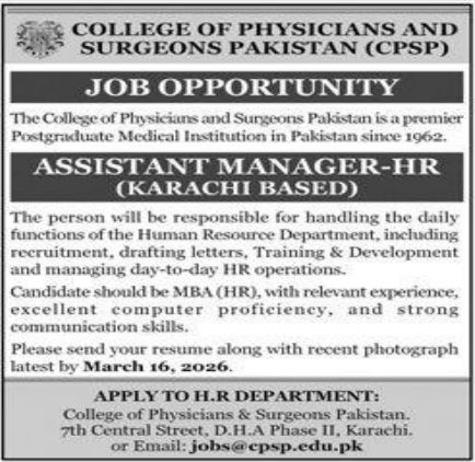 College of physicians and surgeons Pakistan jobs 2026