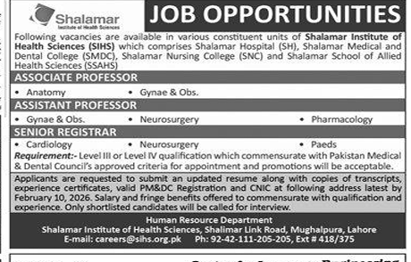 Shalamar institute of health sciences  jobs 2026