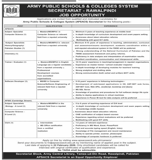 Army public school and colleges system secretariat – Rawalpindi  jobs 2026