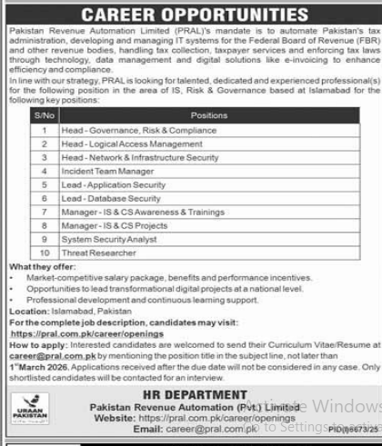 Pakistan revenue automation limited jobs 2026