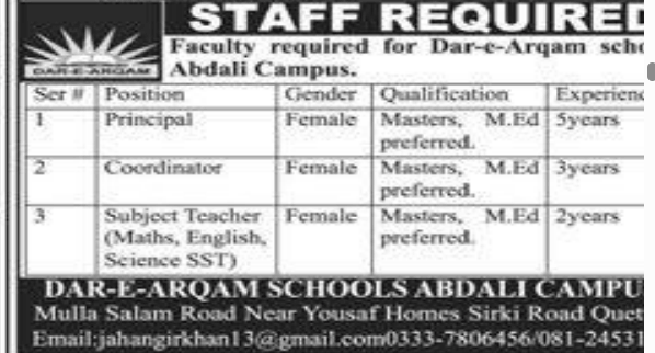 Dar –e- Arqam abdali campus jobs 2026