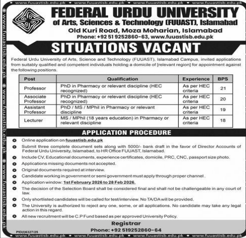 Federal urdu university of arts , sciences , and technology Jobs 2026