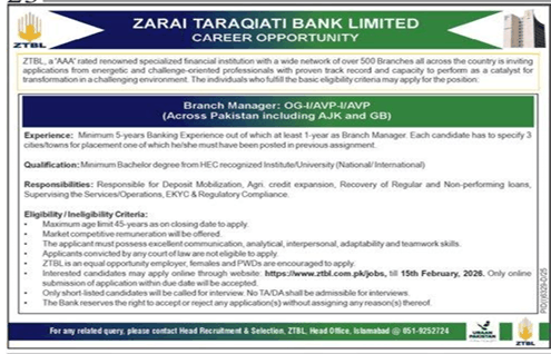 Zarai taraqiati bank  jobs 2026