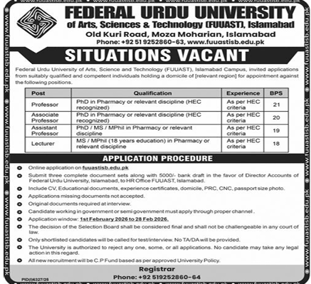 Federal urdu university    jobs 2026