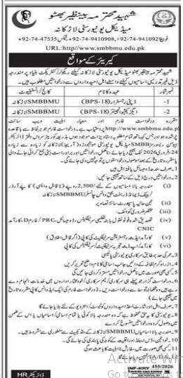 Shaheed mohtarma Benazir Bhutto medical university ,ladkana jobs 2026