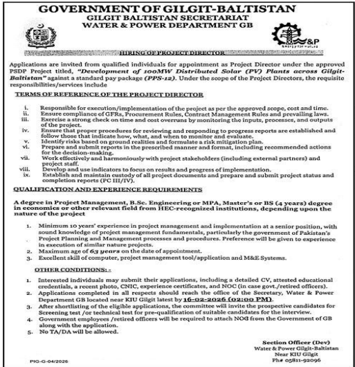 Gilgit baltistan secretariat water and power department jobs 2026