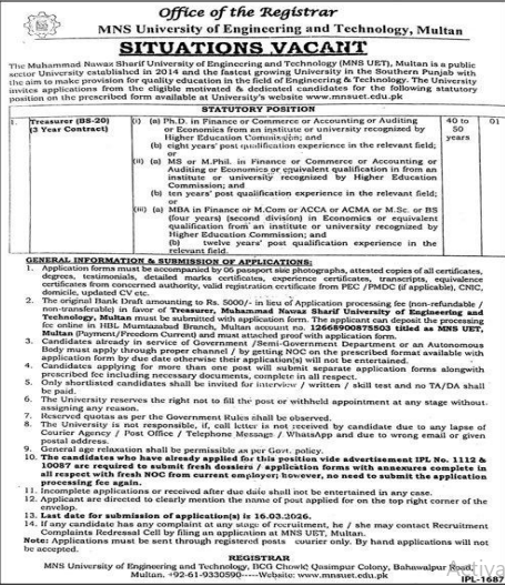 MNS university of engineering and technology , Multan Jobs 2026