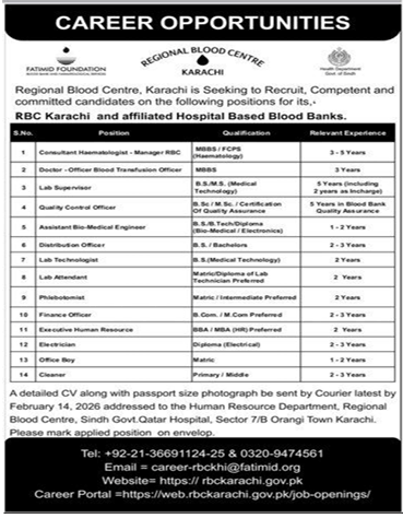 Regional Blood Center Karachi Jobs 2026