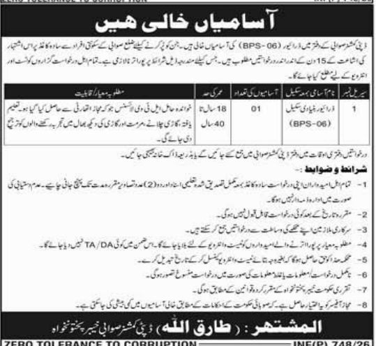 Office of Deputy commissioner swabi, kpk     jobs 2026