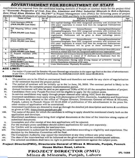 PMU mines and minerals Punjab , Lahore  Jobs 2026