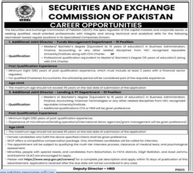 Securities and exchange commission Pakistan jobs 2026