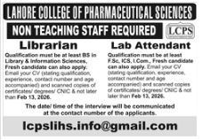 Lahore college of pharmaceutical sciences jobs 2026