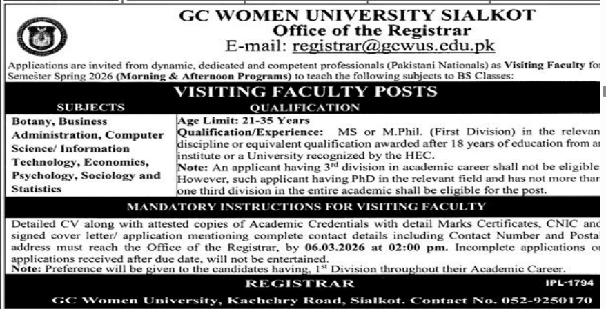 GC women university Sialkot     jobs 2026