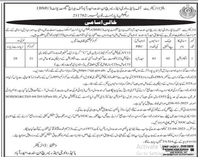 Office of directorate Hydrology and research in Sindh Jobs 2026