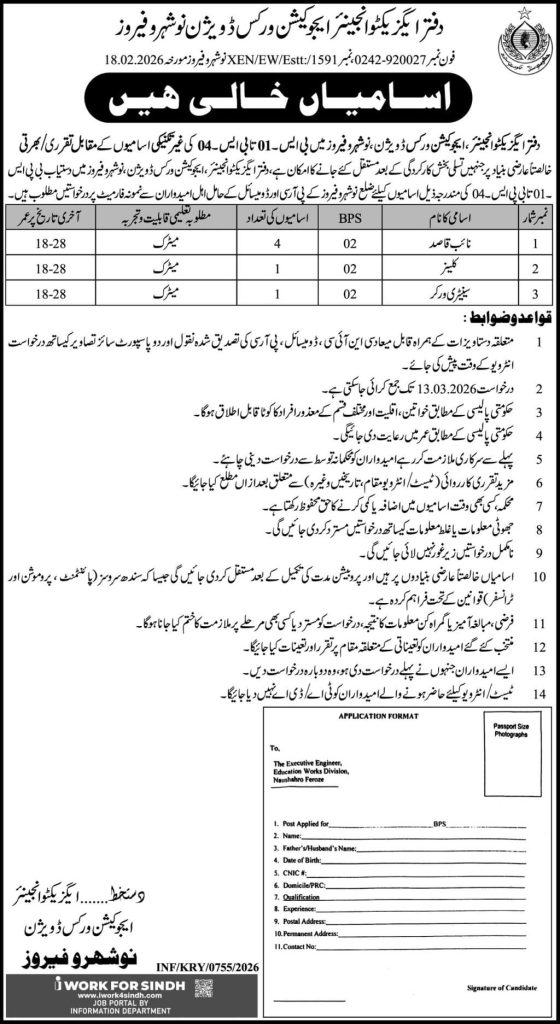 Office of executive engineer education works division naushero feroze jobs 2026