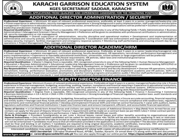 Karachi garrison education system jobs 2026