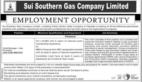 Sui southern gas limited jobs 2026