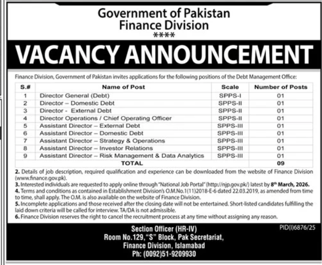 Government of the Punjab finance division    jobs 2026
