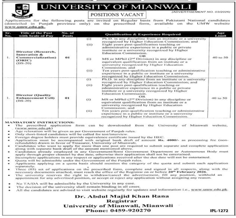 University of mianwali jobs 2026