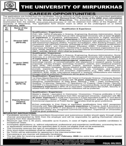The university of mirpurkhas  jobs 2026