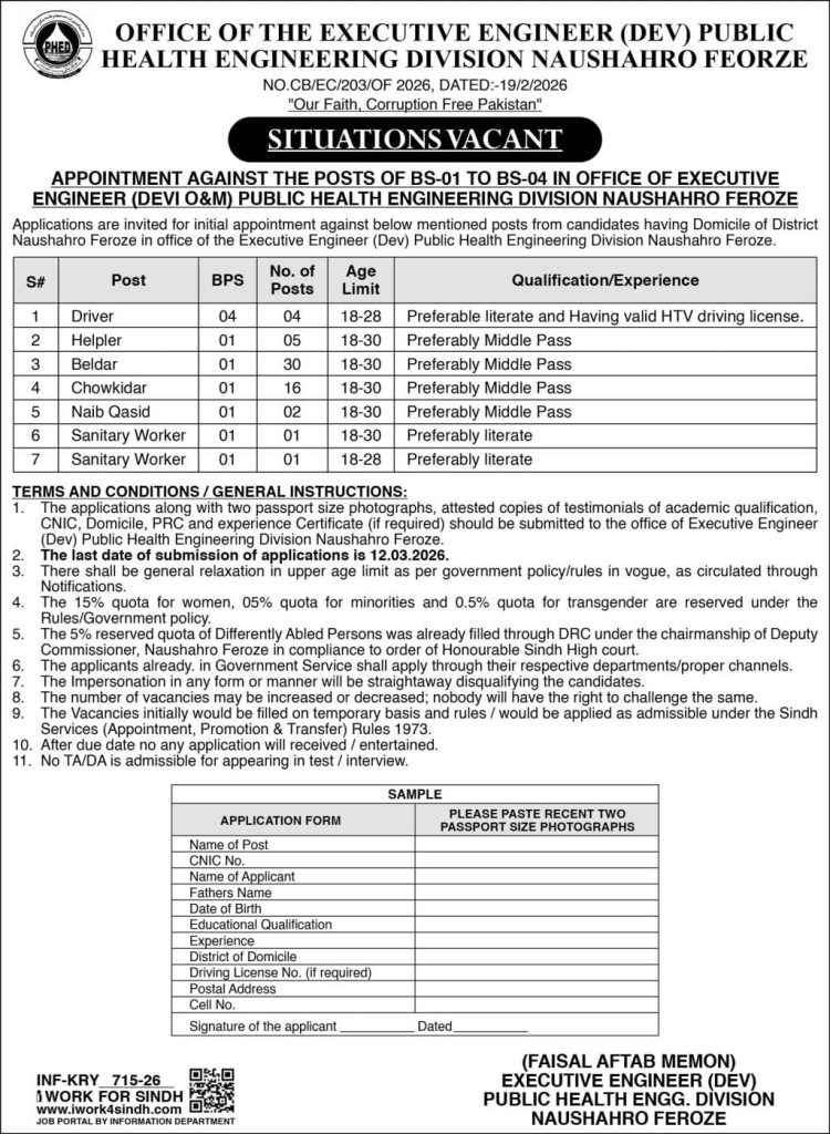DEV public health engineering division naushahro feorze jobs 2026