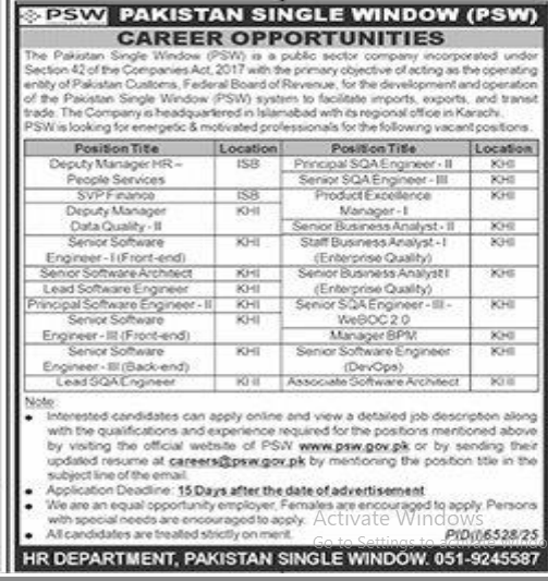 Pakistan single window (PSW) jobs 2026