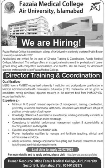 Fazaia medical college , Air university Islamabad jobs 2026