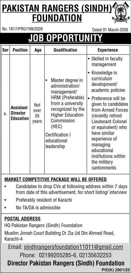 Pakistan Rangers (Sindh ) foundation jobs 2026