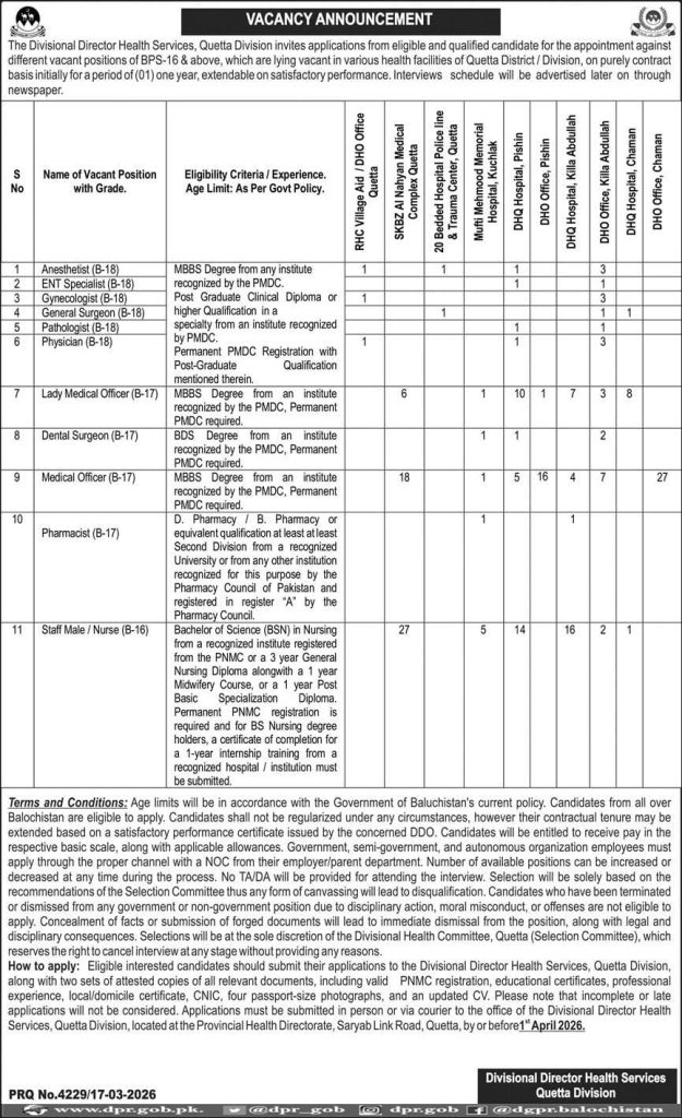 A divisional director health services Quetta division jobs 2026