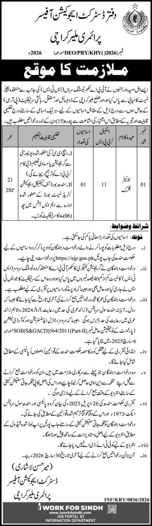 Office of district education officer primary malir karachi jobs 2026
