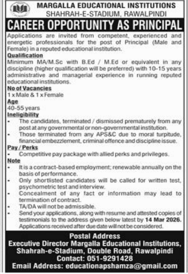 Margalla educational institutions jobs 2026