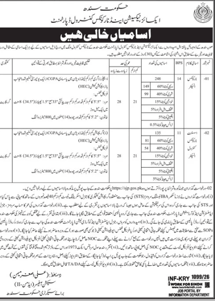 Excise , taxation and narcotics control department  jobs 2026