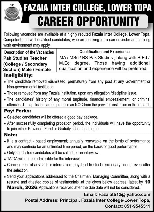 Fazaia inter college  jobs 2026