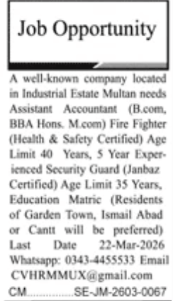 A well known industrial estate Multan company jobs 2026