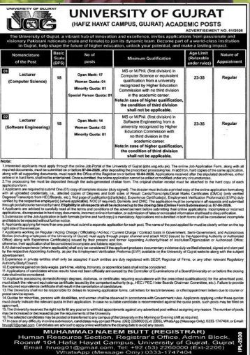 University of Gujrat ( hafiz hayat campus , Gujrat ) jobs 2026