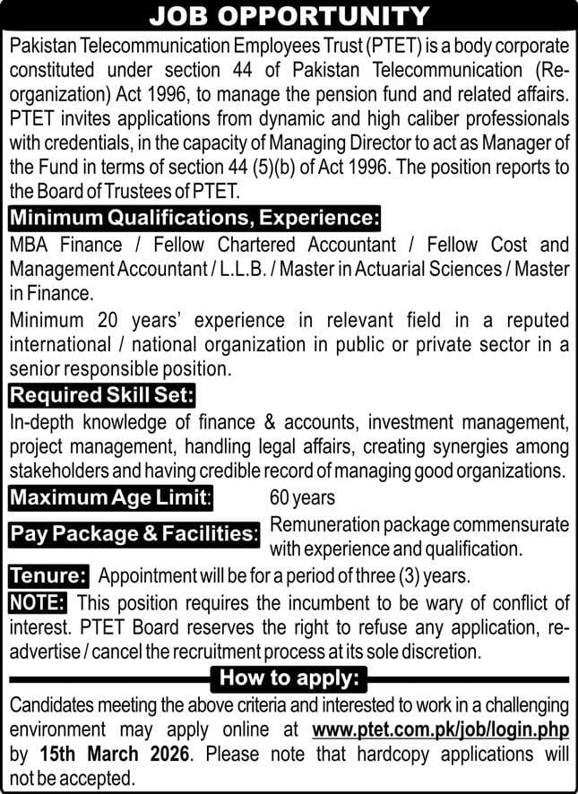 Pakistan telecommunication employees trust(PTET)   jobs 2026